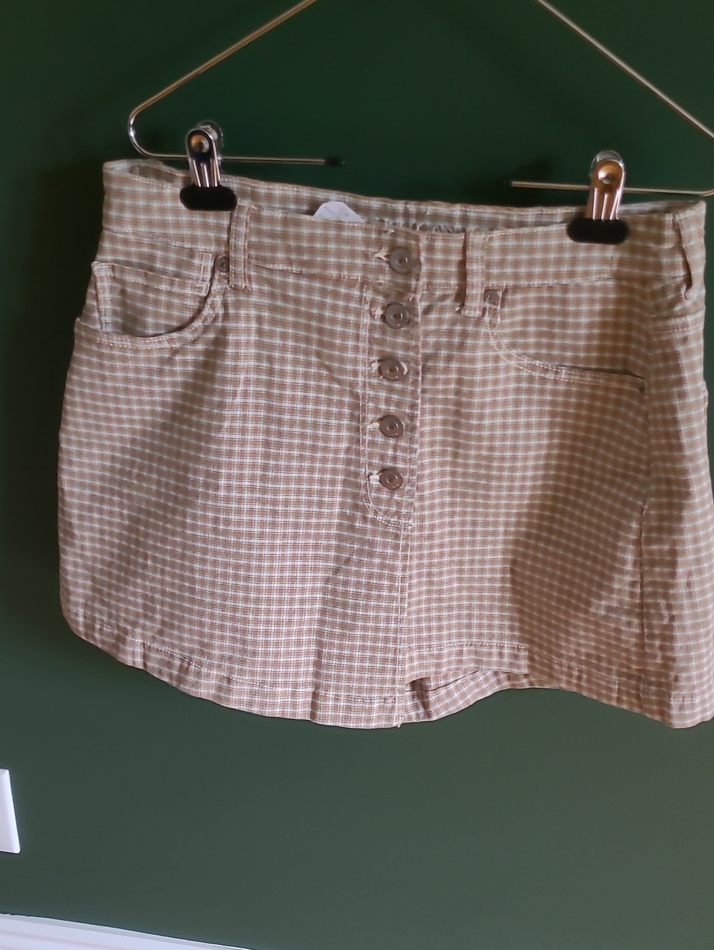 American Eagle Outfitters Tan Gingham Button-Front Mini Skort